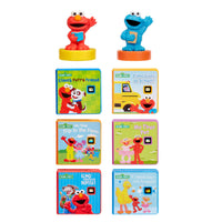 A set of Sesame Street children's mini books, with two character figures standing above each book group: Elmo on a yellow base next to 'Elmo's Funny Friend' and Cookie Monster on a blue base next to 'Elmo Goes to School!'.
