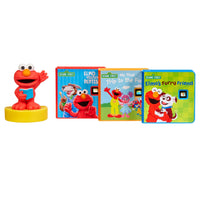 Sesame Street Elmo-themed set featuring a red Elmo figurine on a yellow base holding a blue book, alongside three Sesame Street children's books: 'Elmo's Furry Friend', 'Elmo Visits the Dentist, and 'My First Trip to the Farm'.