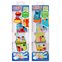 Two Little Tikes Story Dream Machine Sesame Street book packages shown side by side on a white background. Each package contains a character and and a Sesame Street  three book set.