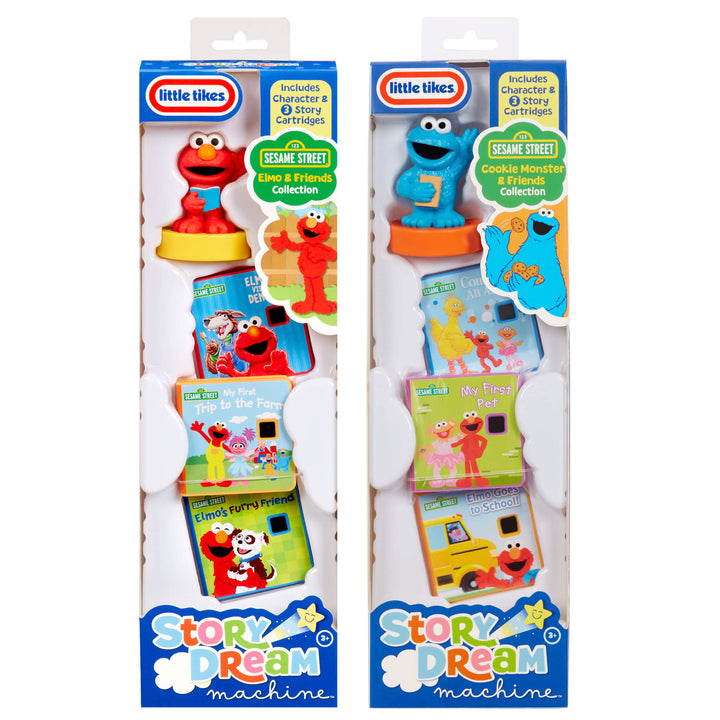 Two Little Tikes Story Dream Machine Sesame Street book packages shown side by side on a white background. Each package contains a character and and a Sesame Street  three book set.