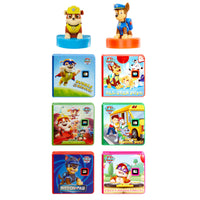 A set of PAW Patrol children's mini books, with two character figures standing above each book group: Rubble on a blue base next to ‘Rubble to the Rescue and a Chase on a orange base next to 'All Star Pups'.