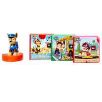 PAW Patrol Chase character toy on an orange base next to three stories: ‘All-Star Pups!’, ‘Save The School Bus’, and ‘Puppy Dance Party”