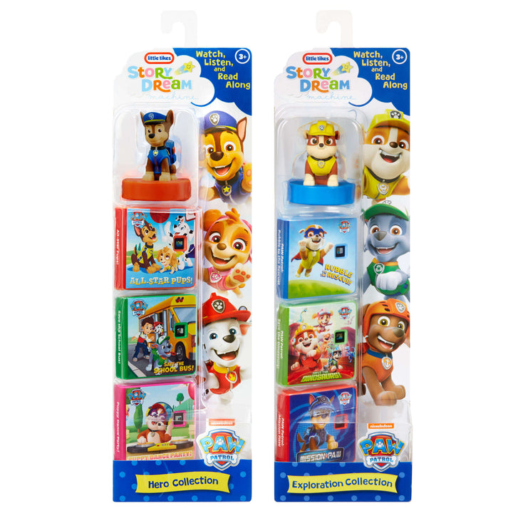 Two Little Tikes Story Dream Machine PAW Patrol book packages shown side by side on a white background. Each package contains a character and and a three-book set.