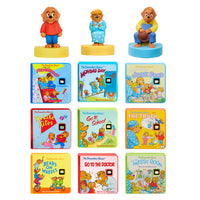 Three Berenstain Bears children's stories, with three-character figures standing above each book group: Brother Bear on a yellow base next to ‘Right The Thunderbolt’, Mama Bear on a yellow base next to ‘Moving Day’ and Papa Bear on a blue base next to ‘ Too Much Junk Food’.