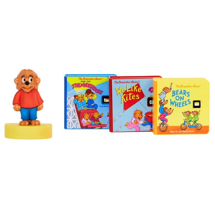 Brother Bear figurine on a yellow base, alongside three stories: ‘Ride The Thunderbolt’’, ‘We Like Kites’, and ‘Bears on Wheels!’.