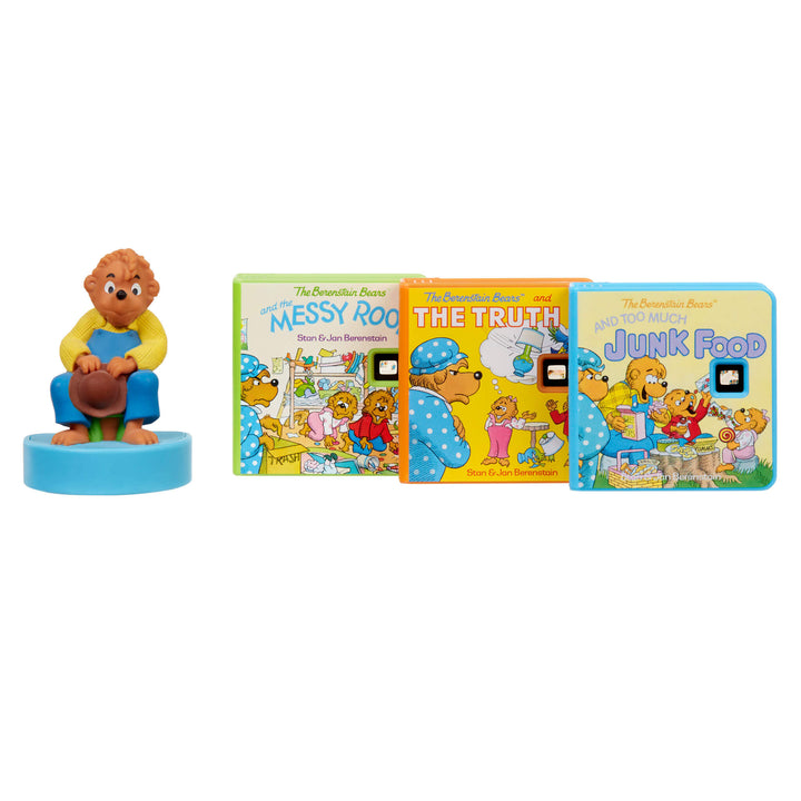 Papa Bear figurine on a blue base, alongside three stories: ‘Messy Day’, The Truth’, and Too Much Junk Food’