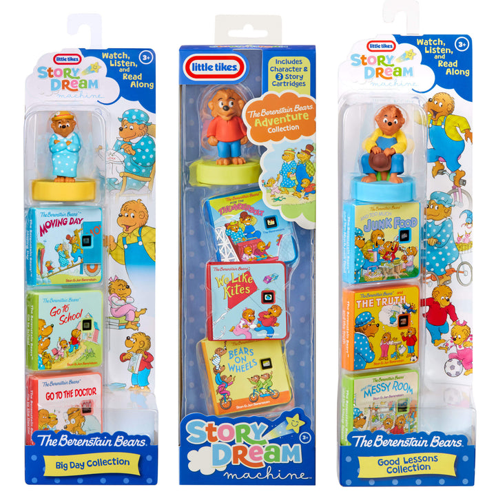 Three Little Tikes Story Dream Machine Berenstain Bear book packages shown side by side on a white background. Each package contains a character and and a three-book set.