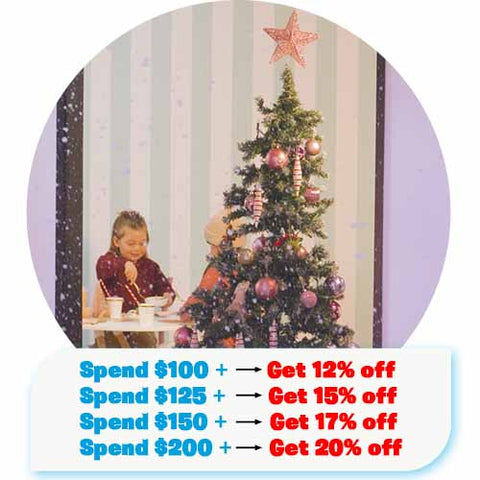 Children decorating a Christmas tree with promotional text overlay