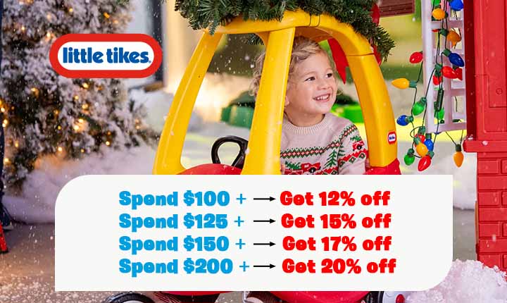Child playing in a toy car with Christmas decorations and a Little Tikes logo with promotional discounts