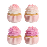 Four cupcakes, color change frosting from white to pink on a white background