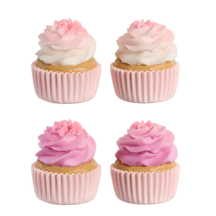 Four cupcakes, color change frosting from white to pink on a white background