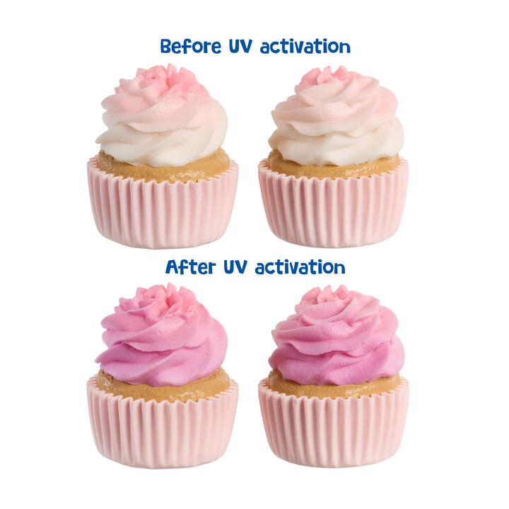 A four-panel comparison showing cupcakes with pink and white frosting under the labels 'Before UV activation' and 'After UV activation.' The top row shows the cupcakes before treatment, with one pink and one white-tipped frosting swirl.