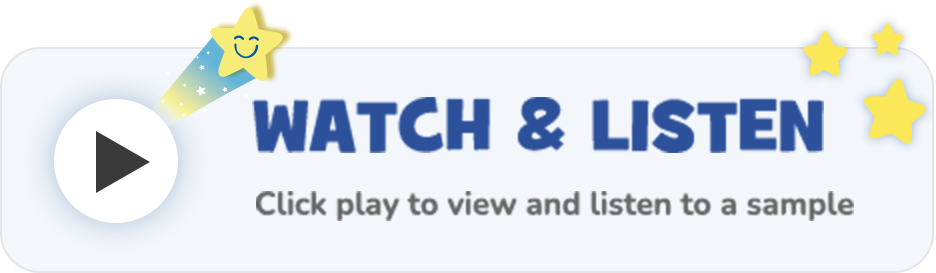 Button with 'Watch & Listen' text and a play icon on a light blue background