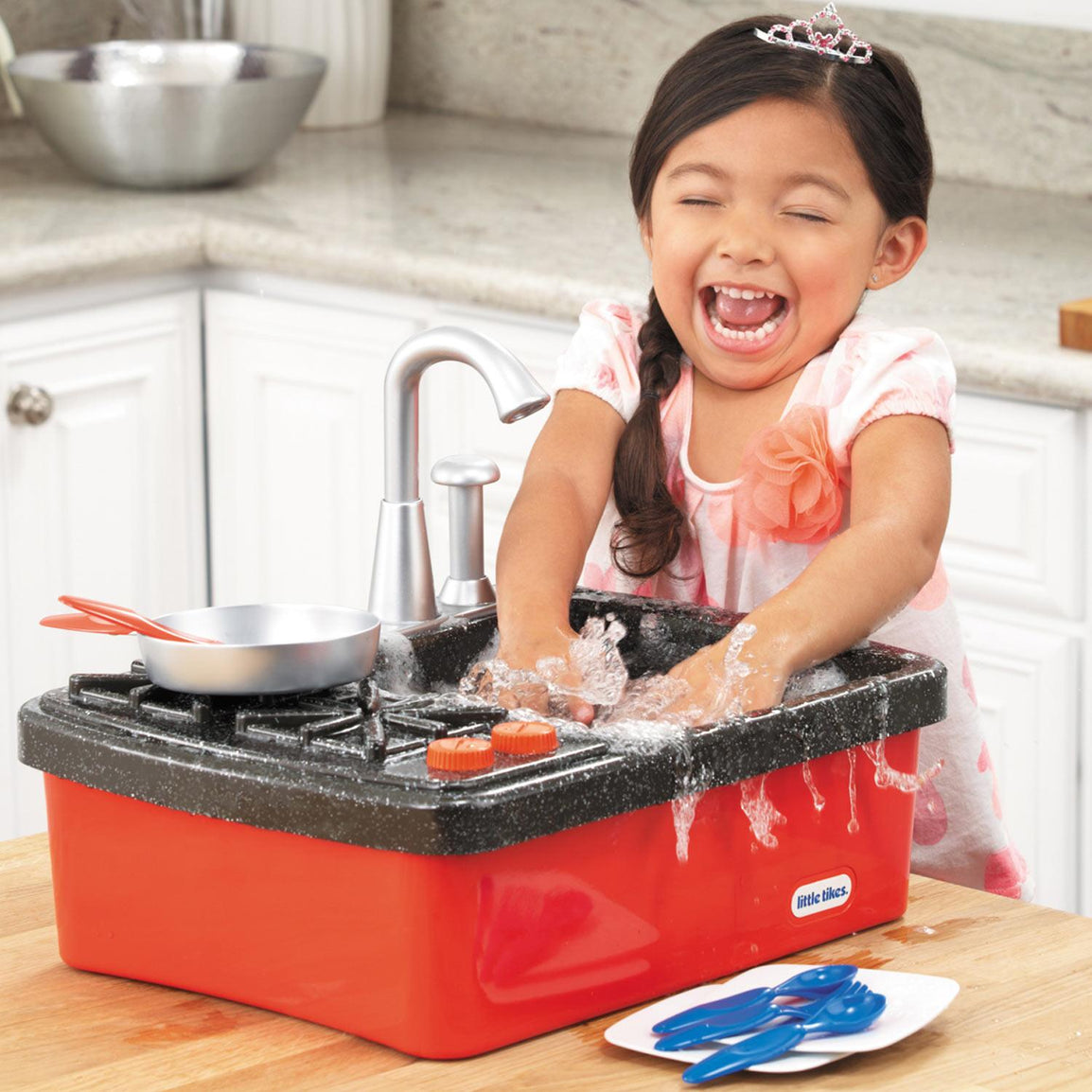 CUTE STONE Play Kitchen Sink Toys with Play Cooking Stove, Cookware Po