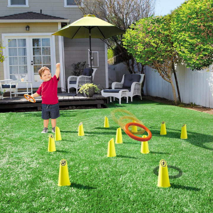 Take turns tossing the rings onto the cones. Players score points for each successful ring that lands around a cone