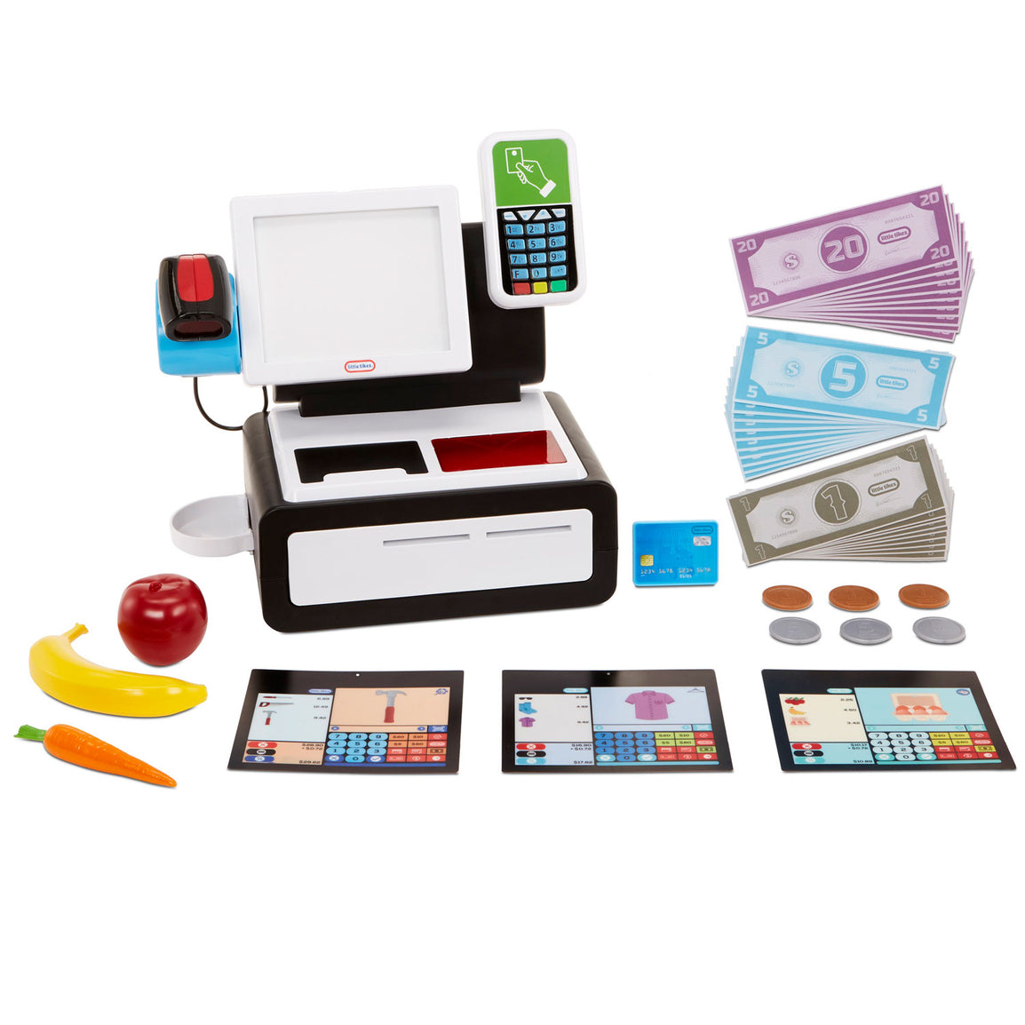 Includes 40+ realistic shopping accessories: 30 bills, 6 coins, 3 checkout screens, hand scanner, debit card, apple, banana, and carro